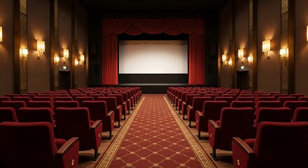 Empty vintage cinema hall with red carpet and glowing screen ready for movie premiere