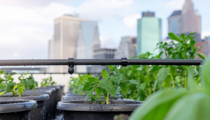 Urban Rooftop Garden with Drip Irrigation and City Skyline