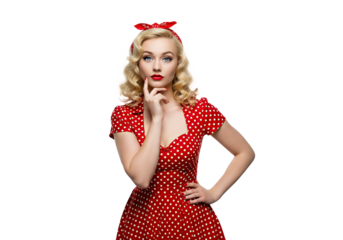 beautiful blonde girl with emotional expression wearing a red dress with white polka dots, typical of the golden years