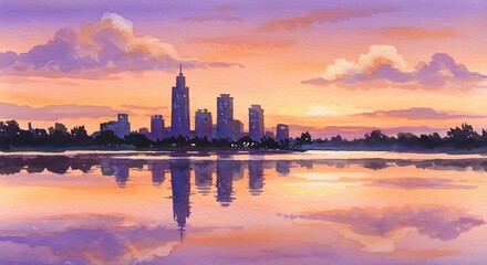 Naklejka premium Cityscape Sunset: Serene Watercolor Painting of City Skyline Reflected in Calm Water