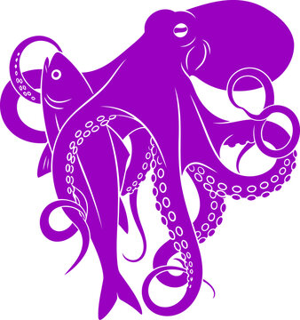 purple octopuss mighty hunt silhouette of ocean predator, prey capture, and underwater power, isolated on transparent background