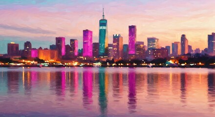 Obraz premium NYC Skyline: Painterly Sunset Reflection
