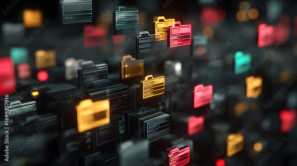 Poster abstract network grid with files and folders, futuritic software interface, diital document manageme