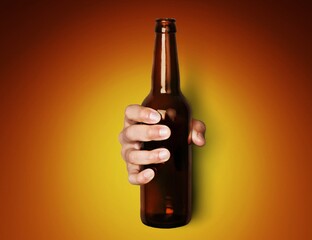 Opening cold beer bottle on color background