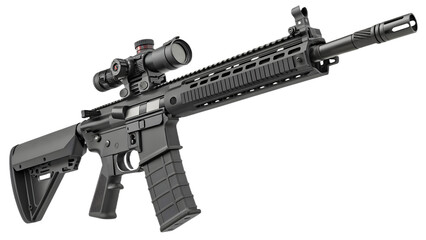 Realistic Tactical Rifle PNG &ndash; Side View, Matte Black, Custom Clean Design, Isolated Transparent Background