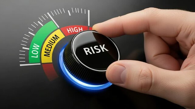 A persons finger adjusts a risk control dial, moving from low to high settings on a gauge