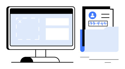 Desktop monitor displaying file edit options next to a folder containing medical records with user details and vital signs. Ideal for healthcare, technology, data management, record-keeping