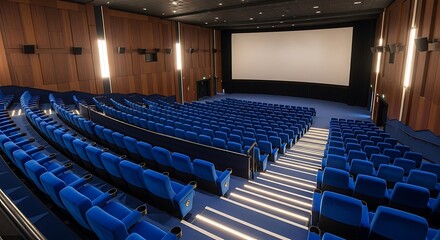Obraz premium Empty cinema theater with rows of blue seats and bright projector light beams on the screen