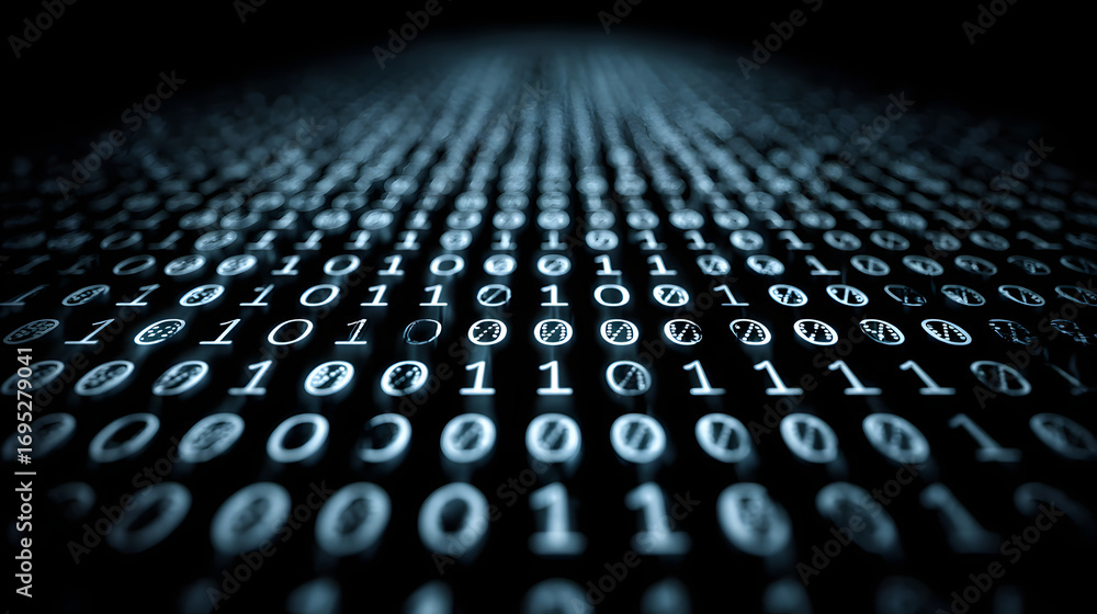 Aufkleber digital encryption elegance: binary code matrix on drk blue canvas - a cyberseurity and cryptocurren
