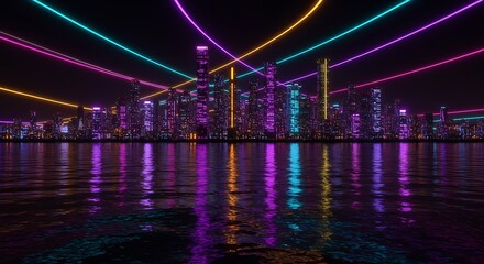 Fototapeta premium Neon Cityscape: Vibrant Nightscape with Water Reflection