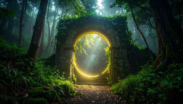 Ancient archway portal in misty forest
