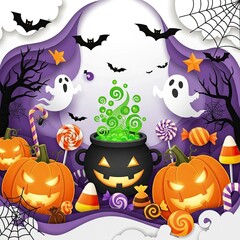 Halloween Night Scene with Pumpkins, Ghosts, and Candy.