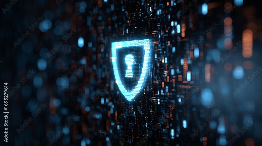 Poster dynamic digital shield with keyhole secures futuristic network, representing cybersecurity and data 