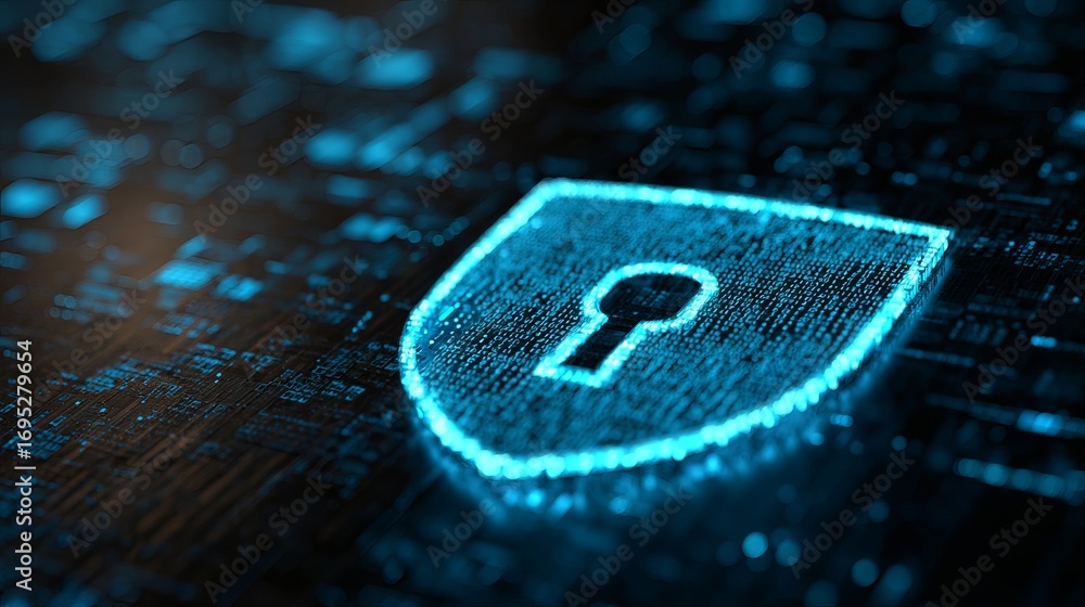 Aufkleber illuminated digital shield with keyhole symbolizes secure cyberspace and data protection, representi