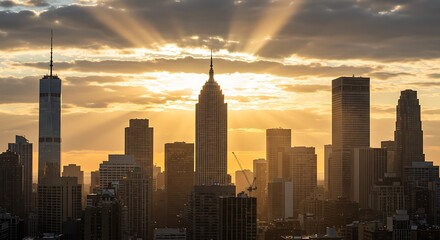 Fototapeta premium Manhattan Skyline: Golden Hour Radiance and Architectural Majesty