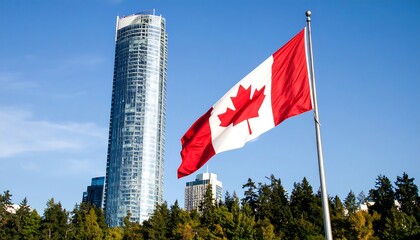 Canadian pride: Flag of Canada waving in front of a modern skyscraper landscape