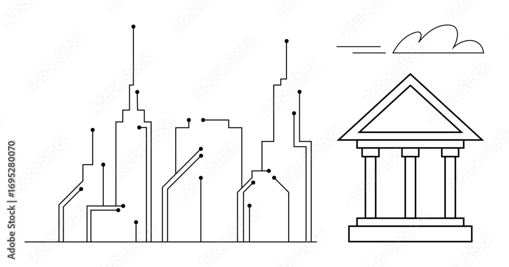 Aufkleber skyscrapers with integrated digital nodes and classical columned building under a cloud. ideal for t