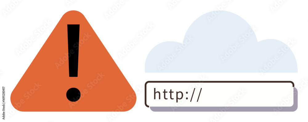 Poster red warning triangle with an exclamation mark beside a browser url bar and cloud graphic. ideal for 