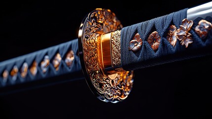 Close - up of Ornate Samurai Sword with Intricate Gold and Metal Embellishments on Handle and Tsuba