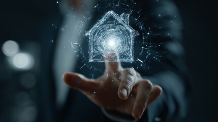 Businessman interacts with futuristic digital house blueprint, envisioning smart home technology and real estate innovation