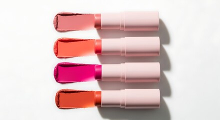 Four multiuse makeup sticks with swatches isolated on white background