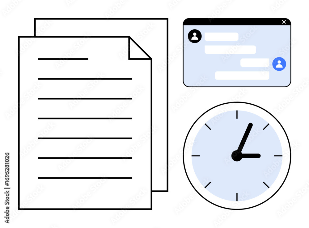 Aufkleber documents, chat window with messages, and an analog clock symbolizing productivity, time management,
