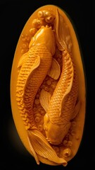 Mango carving shaped like two koi fish swimming together