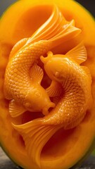 Mango carving shaped like two koi fish swimming together
