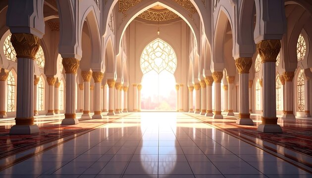 Grand mosque interior, sunlit hall - Powered by Adobe