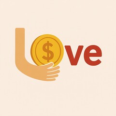 Love typography hugging a dollar coin, money and affection concept, flat vector on beige background