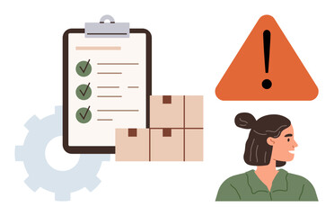 Checklist with marked tasks on clipboard, boxes, caution warning triangle, gear, and female figure. Ideal for logistics, workflow, organization, supply chain planning task management productivity
