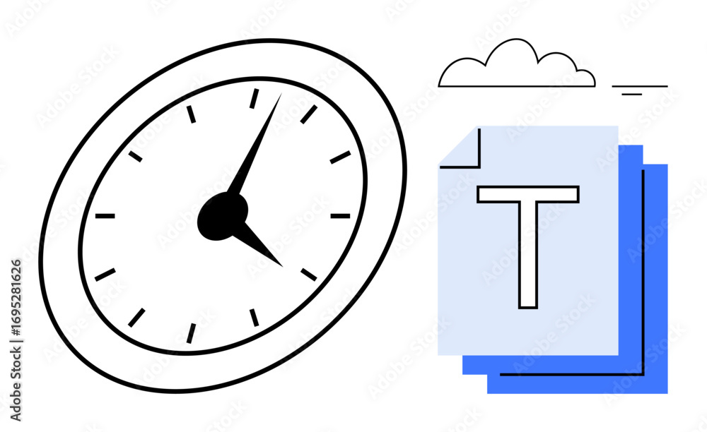 Poster clock with tilted dial and stack of documents under a cloud. ideal for productivity, deadlines, orga