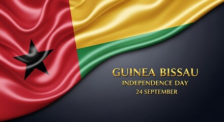 Guinea-Bissau Independence Day: Silken Flag with Golden Text on Dark Background