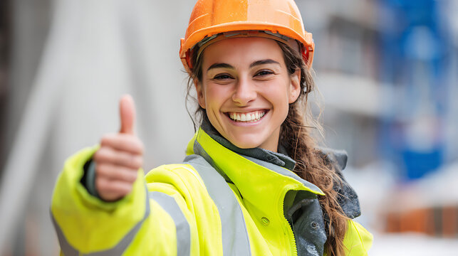 A female construction worker with a big smile, giving a thumbs-up to the camera while wearing a high-visibility jacket and a hard hat.
