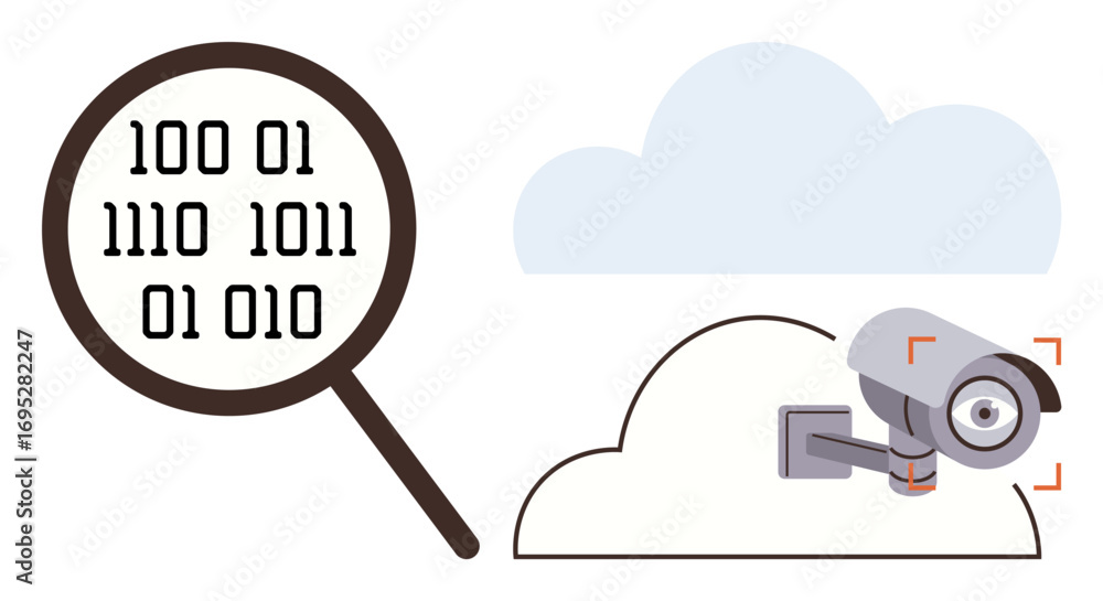 Poster magnifying glass highlighting binary code alongside a surveillance camera on a cloud backdrop. ideal