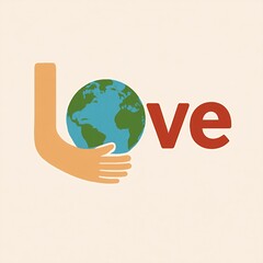 Love typography hugging planet Earth, environmental care concept, flat vector on beige background