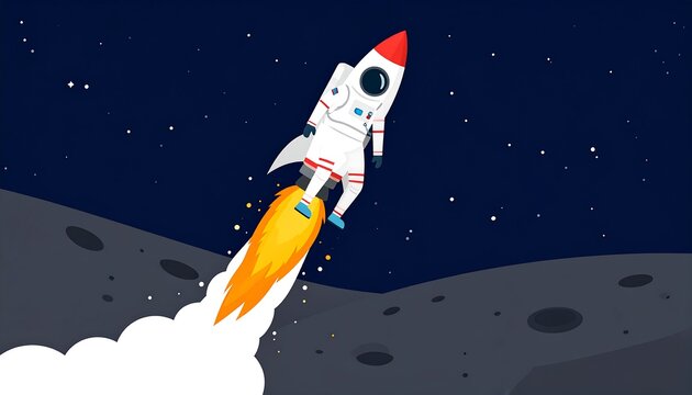 Cartoon astronaut with rocket launching from lunar surface on starry background