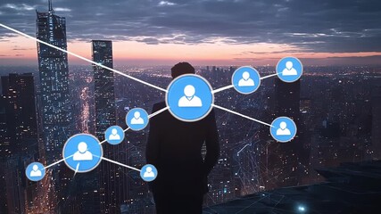 Businessman standing on rooftop using holographic web connections and futuristic digital network
 - Powered by Adobe
