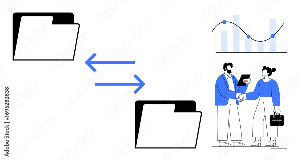 Aufkleber file transfer represented by two folders and arrows. business team exchanges ideas while analyzing c