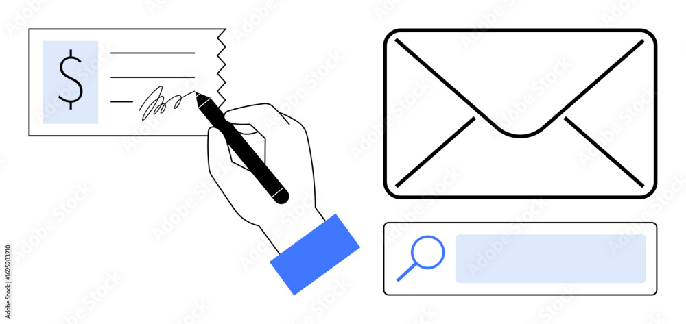 Poster hand writing a signature on a paper, closed envelope, and a search field. ideal for communication, p
