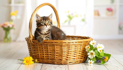 Cute kitten in a wicker basket