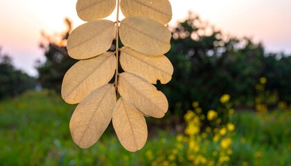 Dried leaves create an autumn and serene scene in nature at sunset light