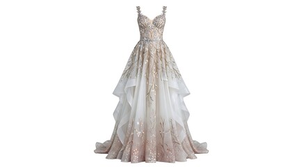 Elegant, strapless evening gown with intricate detailing and a layered skirt, displayed against a white background.
