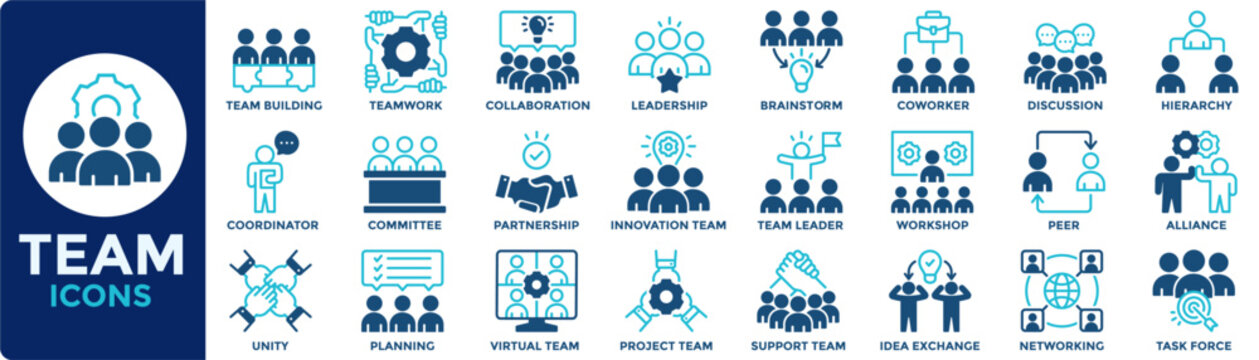 Team icon collection set. Containing collaboration, teamwork, team building, leadership, unity, coworker, project team, support team icon. Simple dual tone vector illustration.