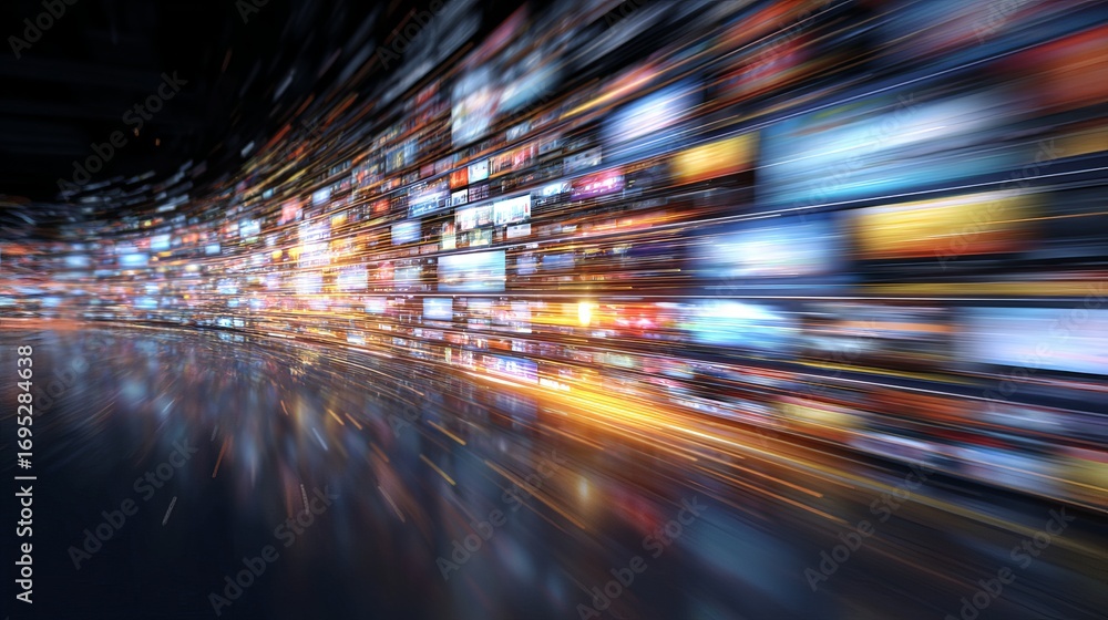 Poster dynamic digital stream of vibrant data and information flowing through a futuristic network conveyin