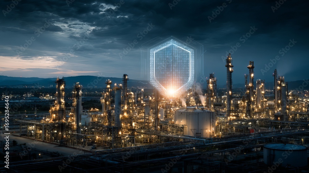 Poster illuminated industrial complex at dusk with futuristic digital shield overlay symbolizing data secur