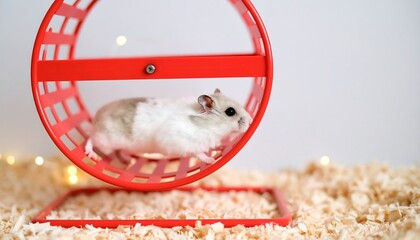 Dwarf hamster merrily exercising in a vibrant red running wheel indoors