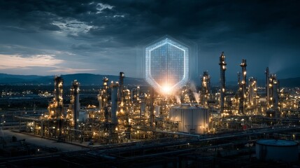 Illuminated industrial complex at dusk with futuristic digital shield overlay symbolizing data security and innovation in energy production
