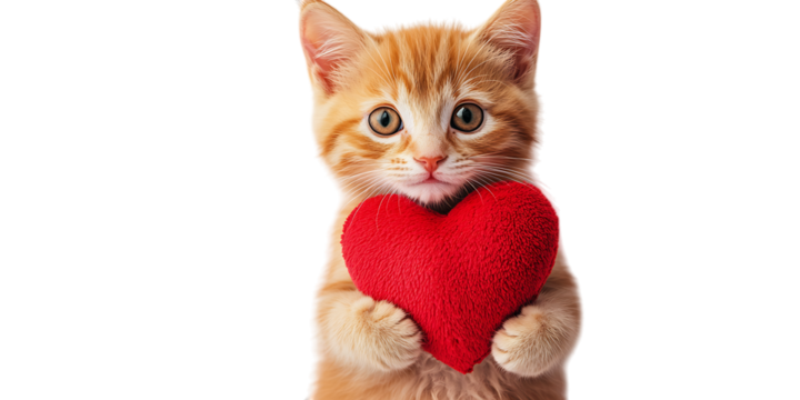 Sweet ginger kitten holding a red heart with its paws looking directly at the camera on a black background isolated on a transparent background