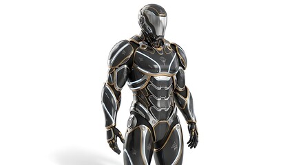 Futuristic, armored figure,  standing in profile view, showcasing advanced technology and design.